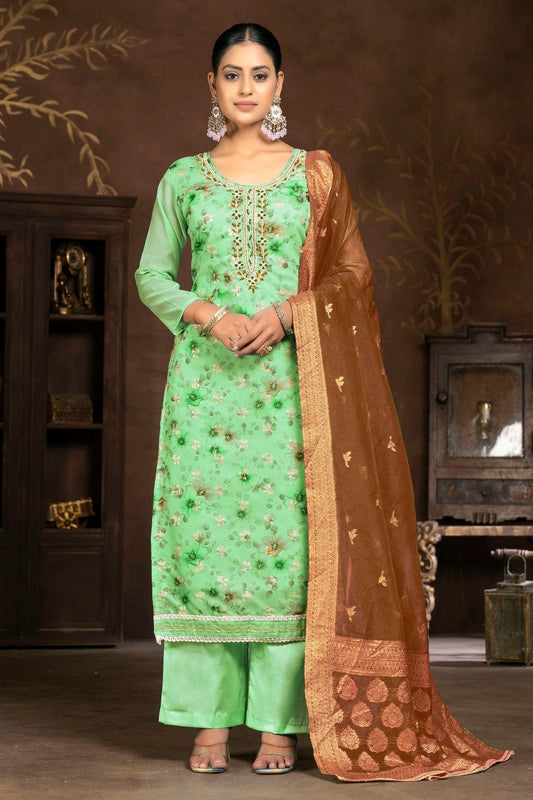 Pista Green Unstitched Organza Plazzo Pant Suit NCUS11610402