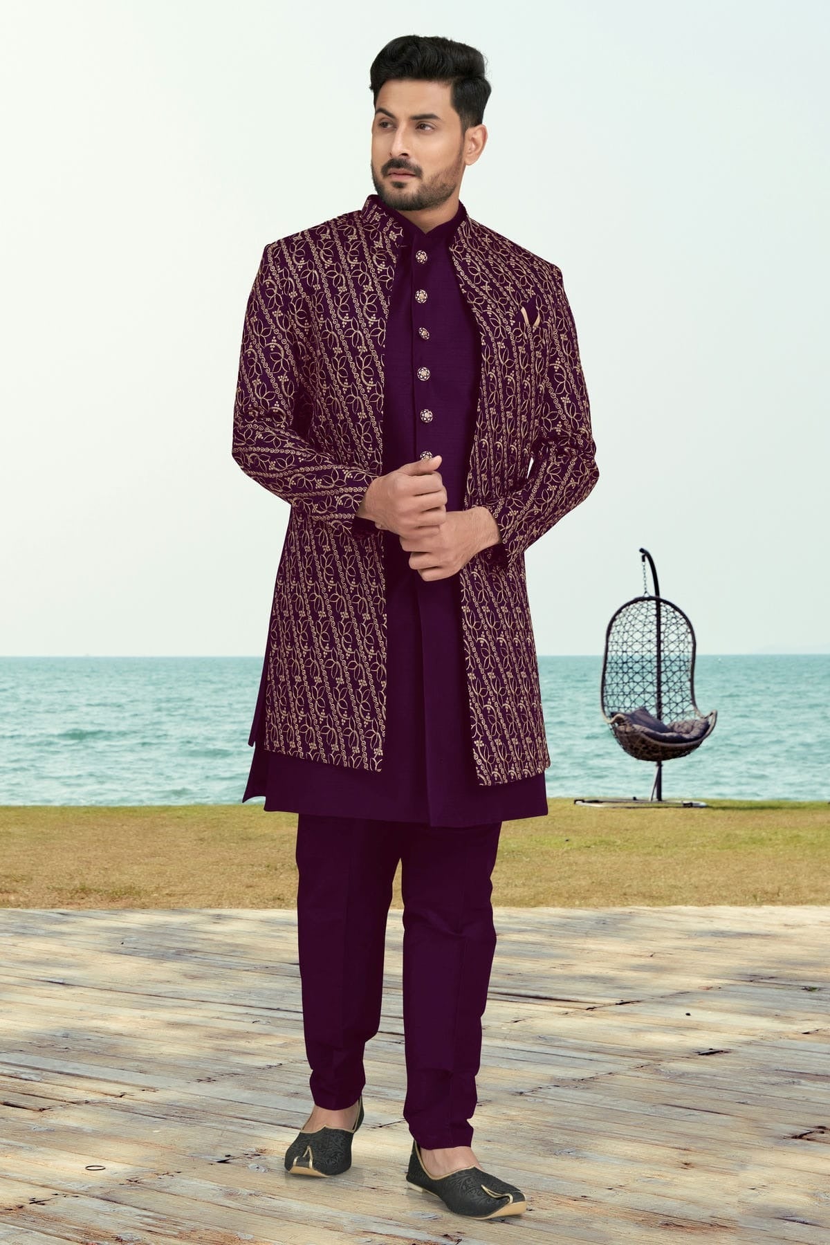 Purple Banarasi Silk Sherwani NCSH10410266