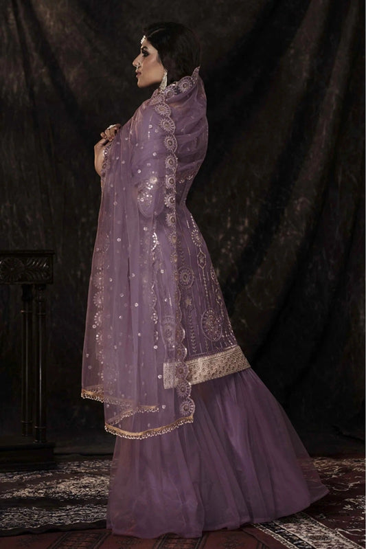Purple Soft Net Sequins Sharara Suit NCSM10810369
