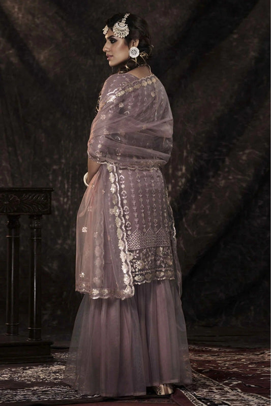 Purple Soft Net Sequins Sharara Suit NCSM10810371