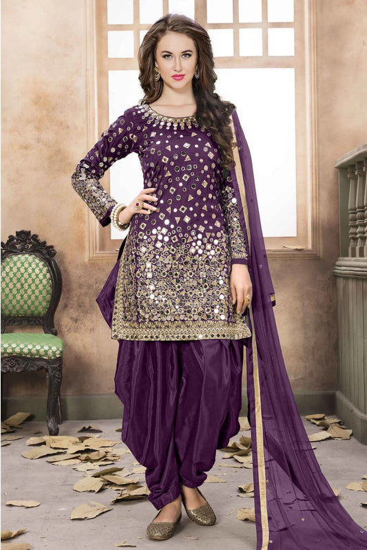 Purple Taffeta Silk Embroidery Patiala Suit NCSM10510364
