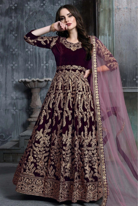 Purple Velvet Embroidery Anarkali Suit NCSM10510353