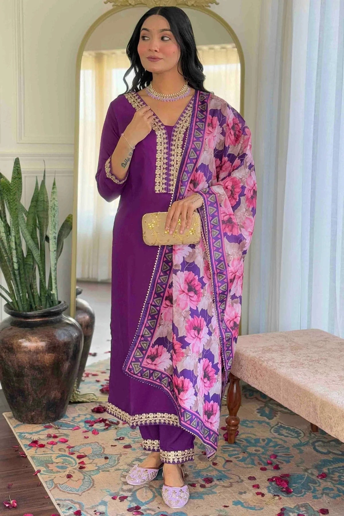 Purple Viscose Slub Stitched Suit NCSS11110927