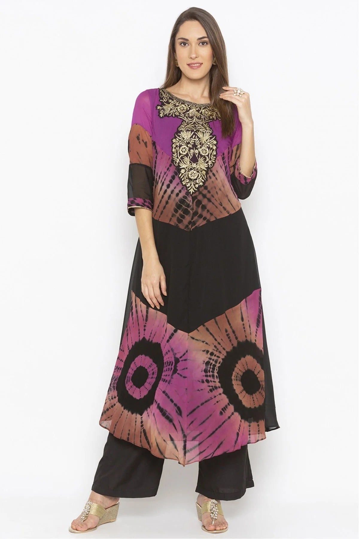 Purple and Black Plus Size Georgette Embroidery Kurti NCKR10710368