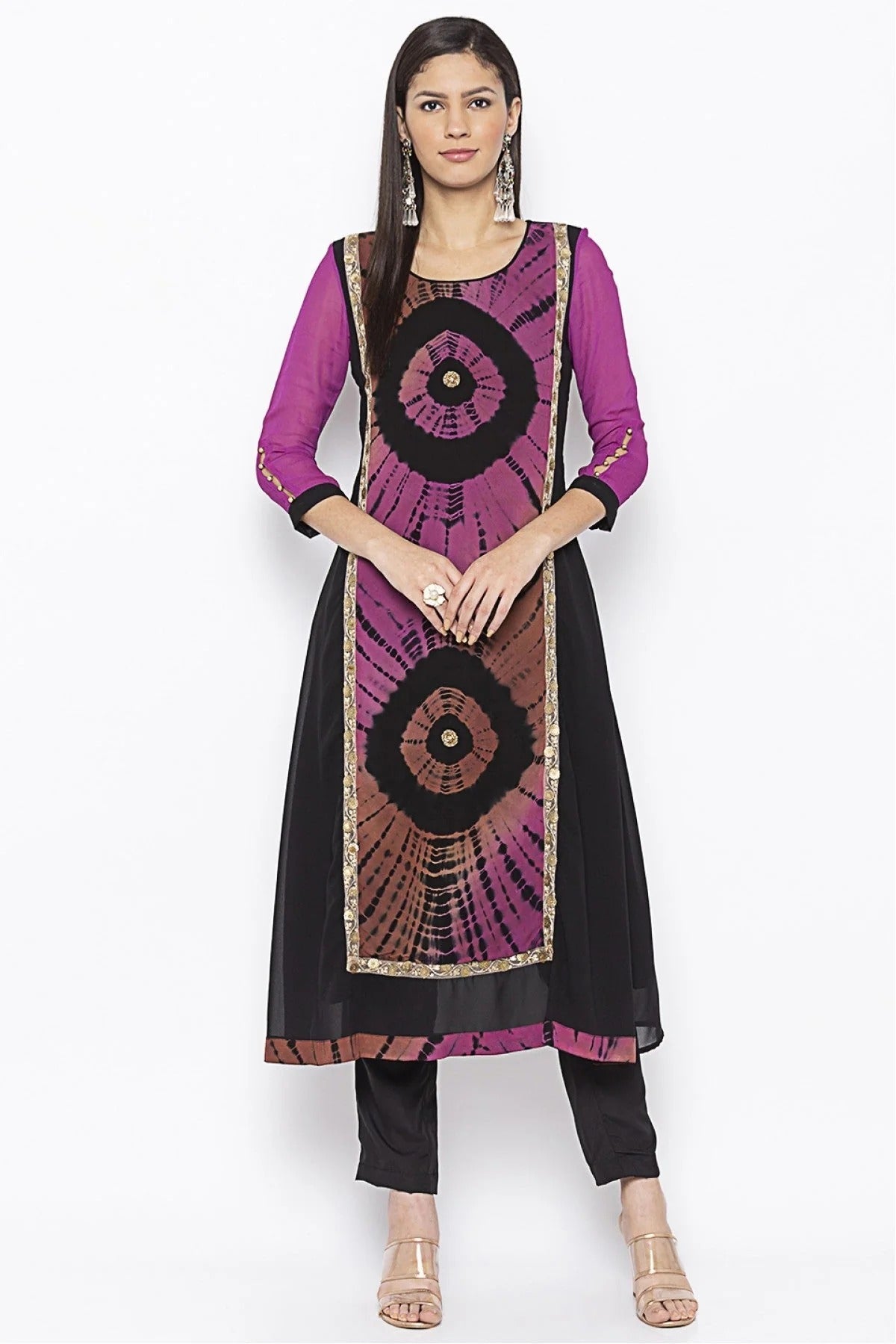 Purple and Black Plus Size Georgette Embroidery Kurti NCKR10710384