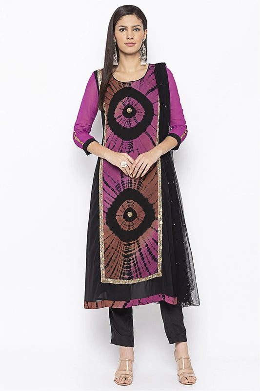 Purple and Black Plus Size Georgette Embroidery Pant Style Suit NCSS10710630