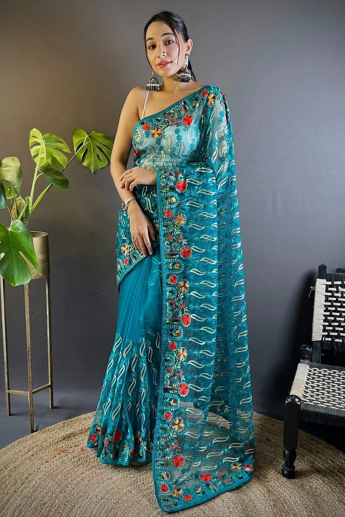 Rama Green Butterfly Net Designer Saree NCSD11111679