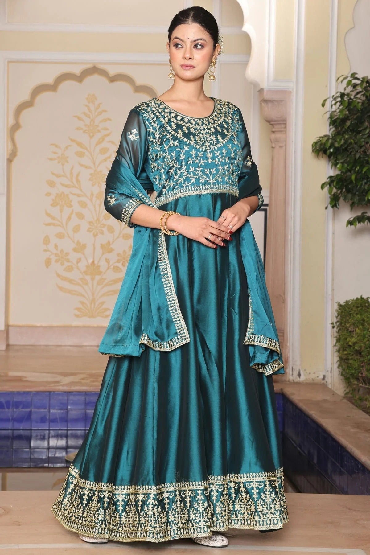 Buy Rama Green Semi Stitched Rangoli Silk Anarkali Suit NCSM11710159 –  Ninecolours.com