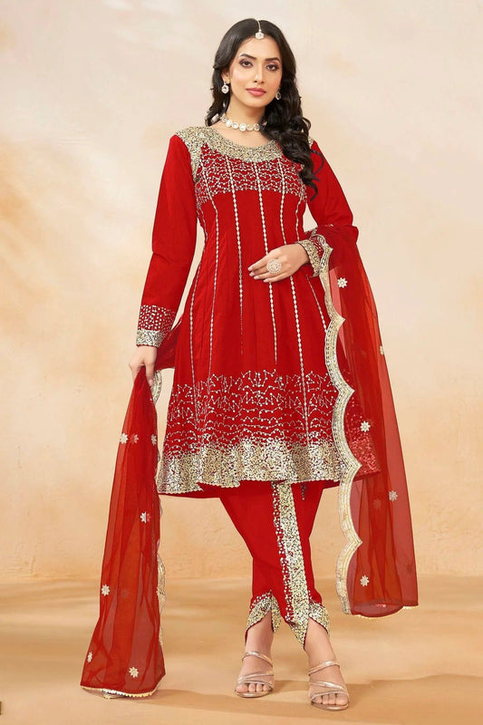 Red Art Silk Semi Stitched Patiala Suit NCSM10510191
