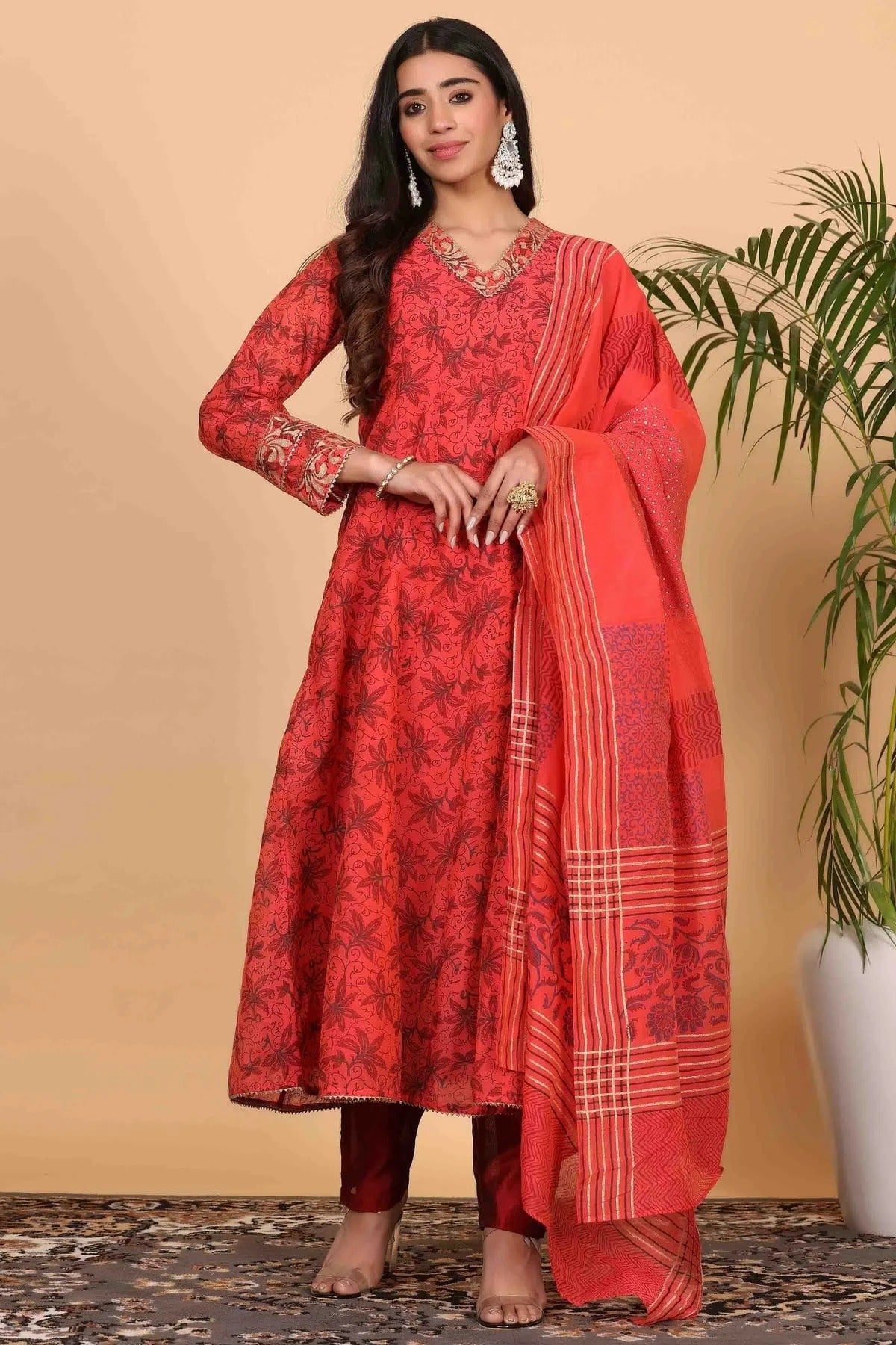 Red Chanderi Stitched Suit NCSS11110901