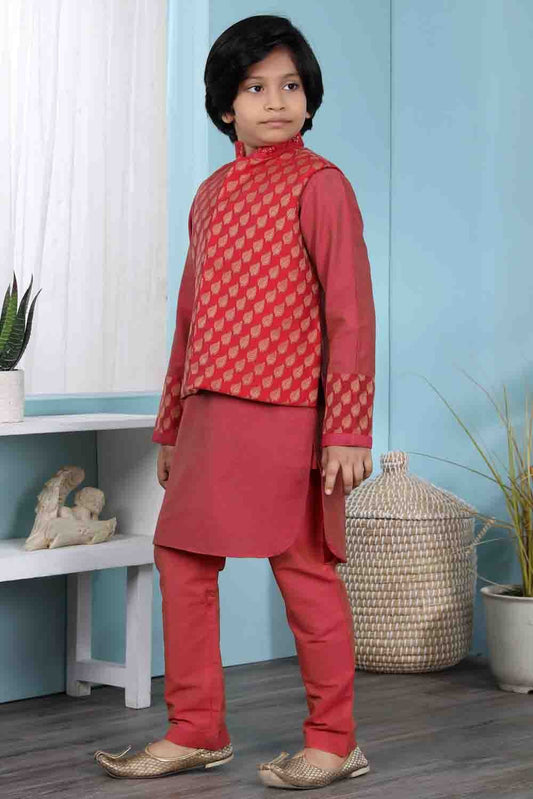Red Cotton Silk Kurta PajamaWith Jacket NCBW10710701