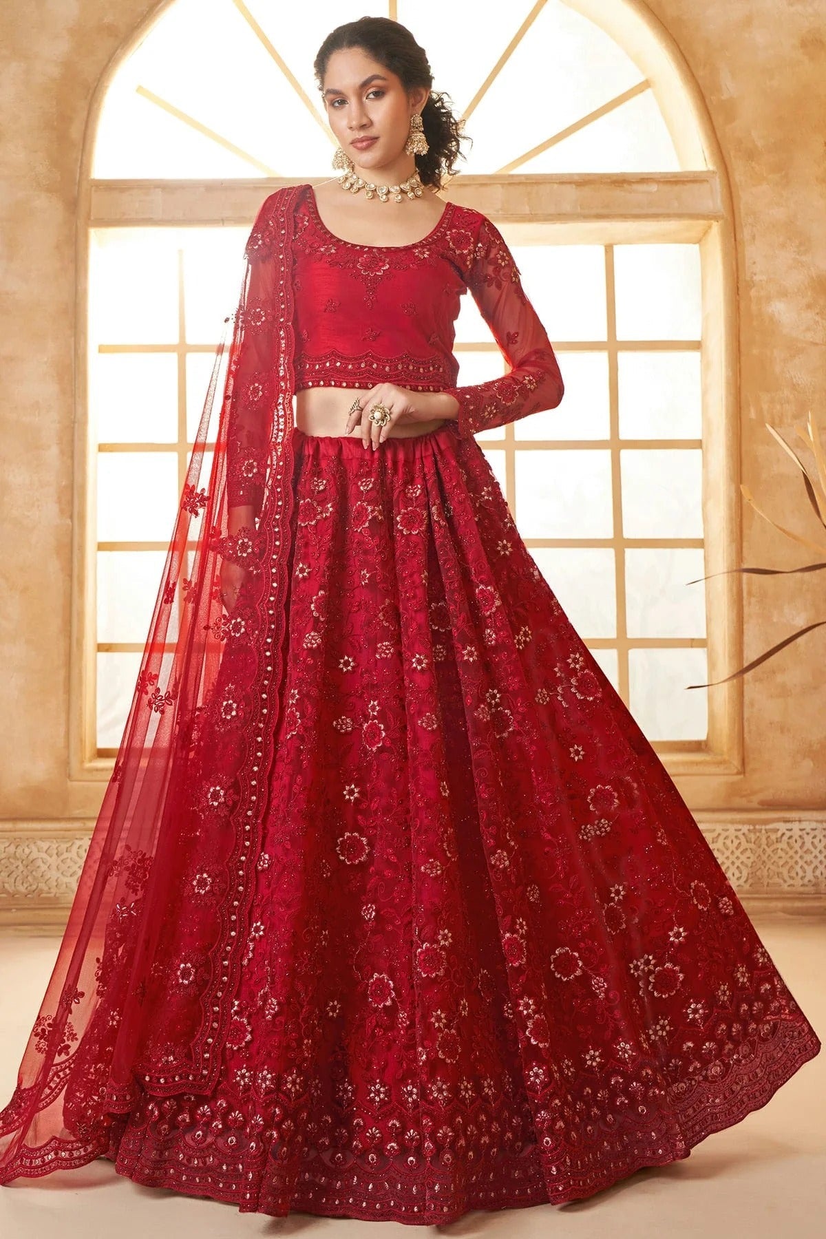 Red Embroidery Net and SilK Lehenga Choli NCLC12910130