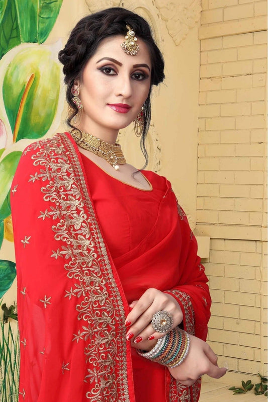 Red Georgette Embroidered Saree NCSD11210604