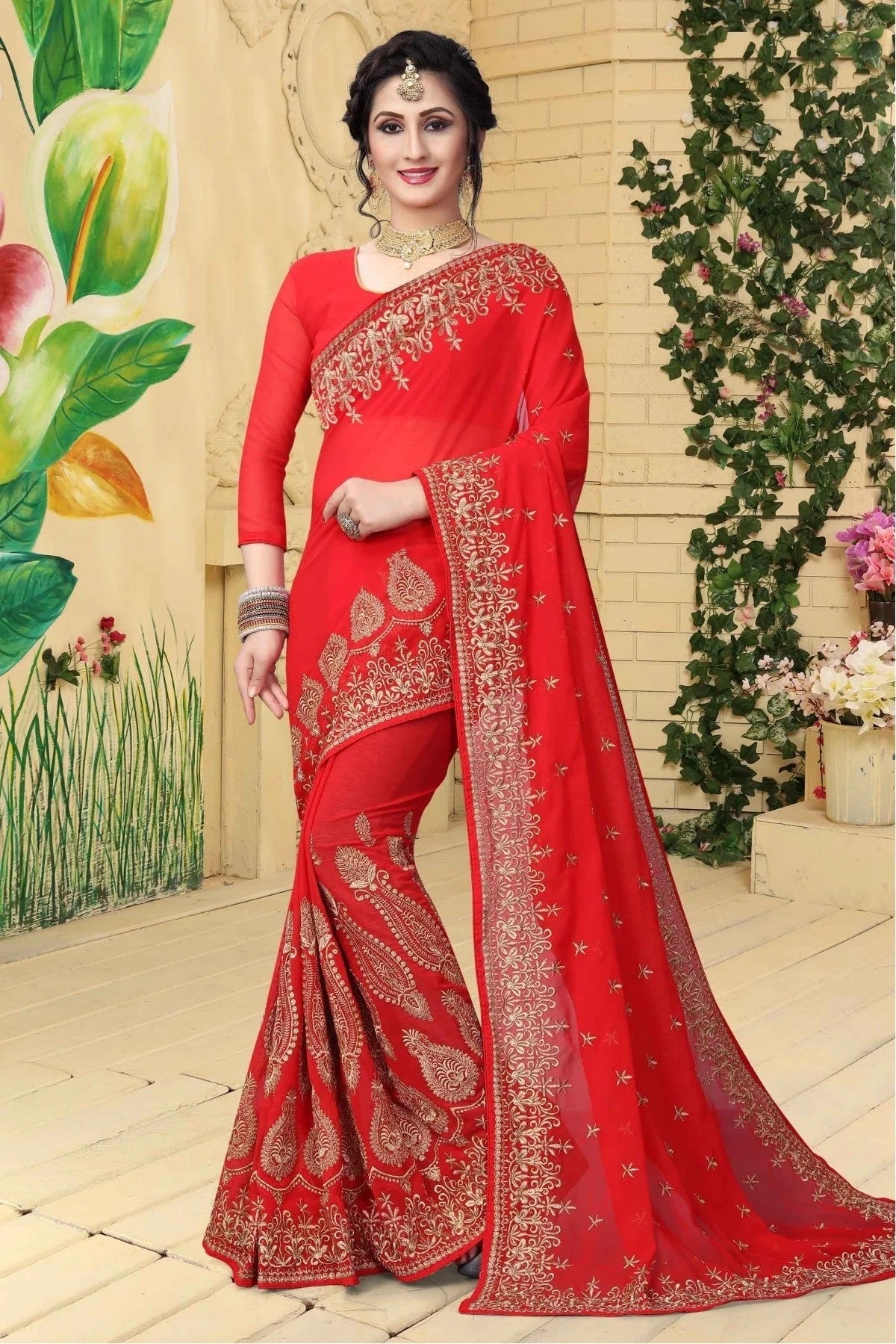 Red Georgette Embroidered Saree NCSD11210604