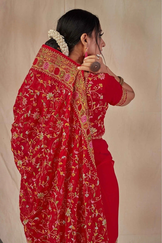 Red Georgette Embroidery Saree NCSD11210855