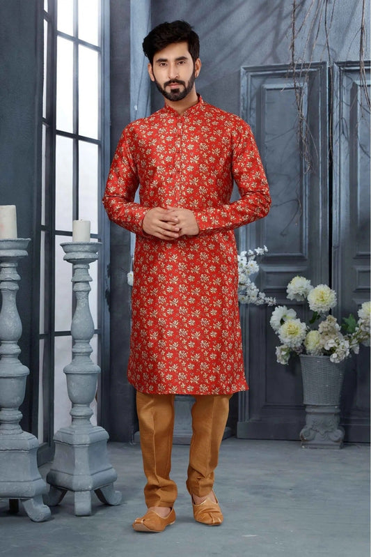 Red Kurta Pajama In Silk NCKP10410692