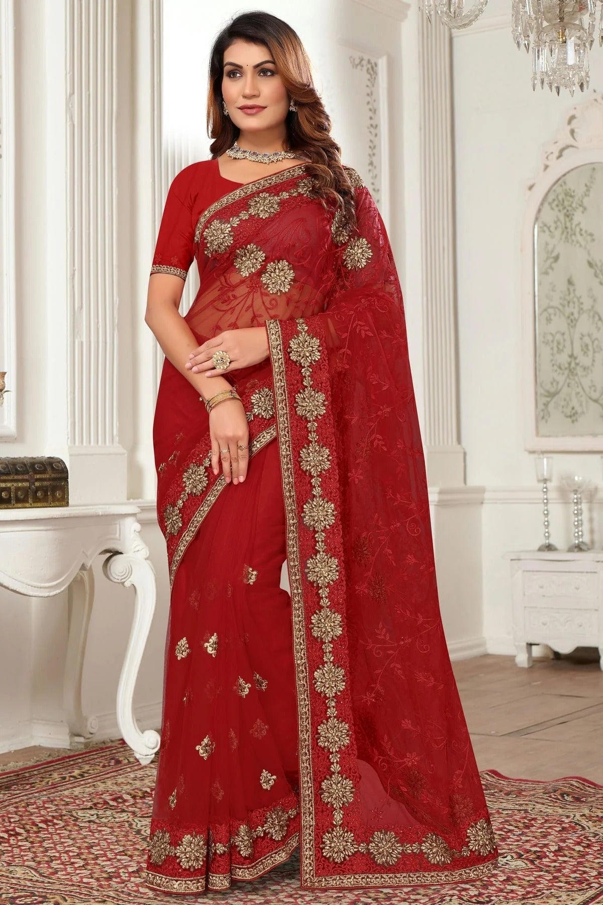 Red Net Designer Saree NCSD10910211