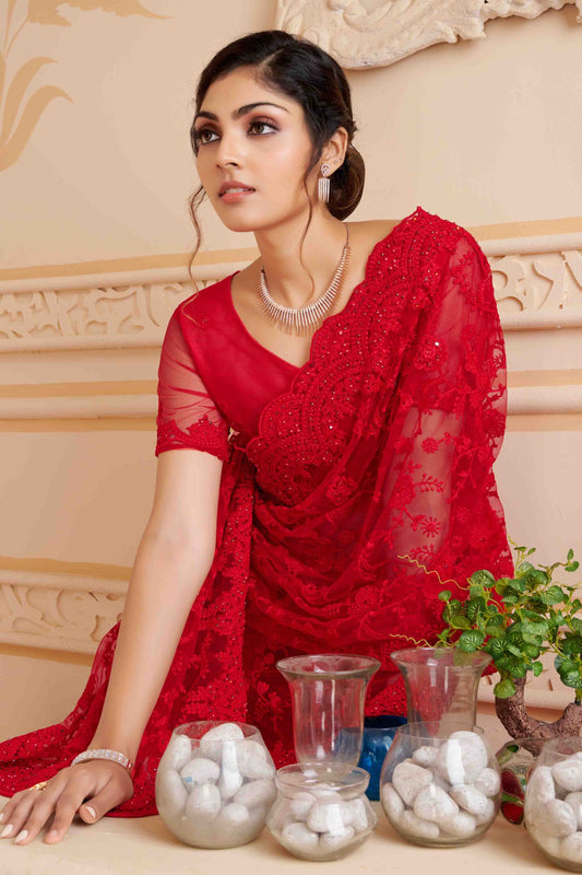 Red Net Designer Saree NCSD10910705