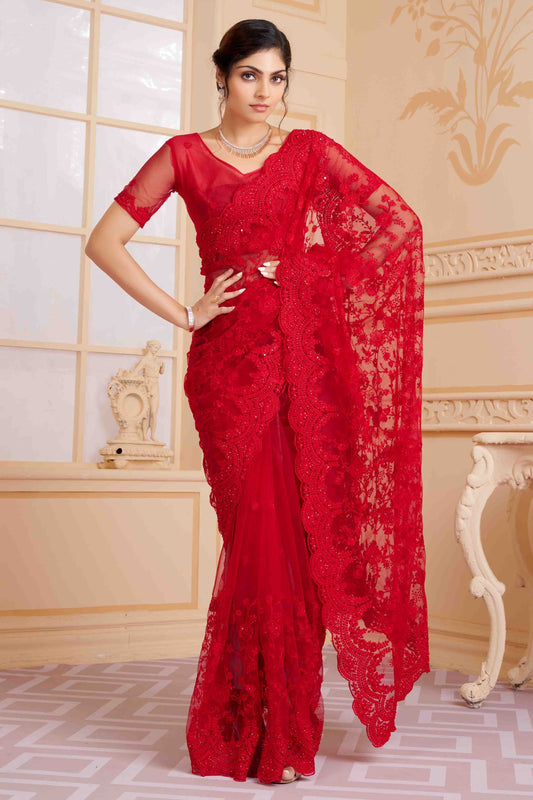 Red Net Designer Saree NCSD10910705
