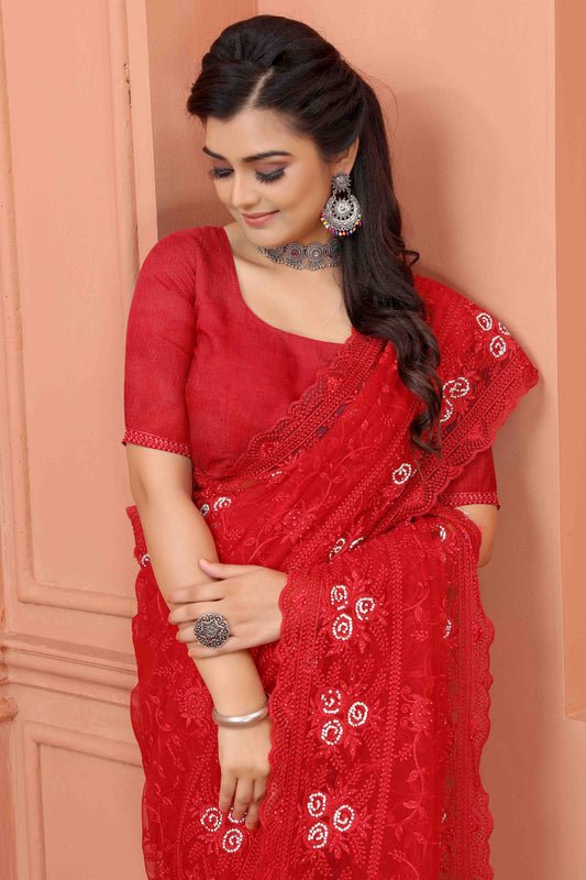 Red Net Designer Saree NCSD10910711