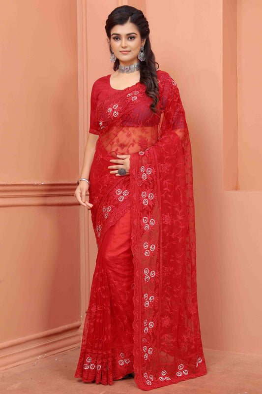 Red Net Designer Saree NCSD10910711