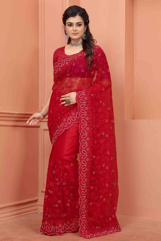 Red Net Designer Saree NCSD10910716