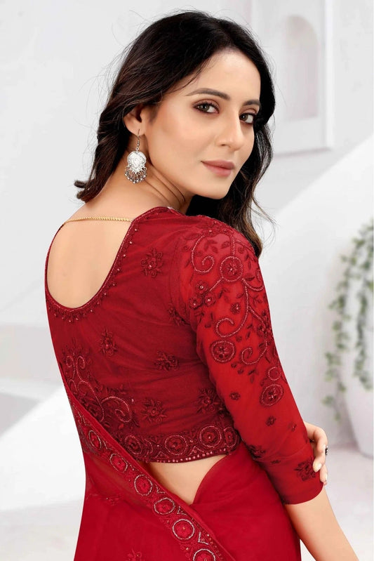 Red Net Embroidery Saree NCSD11210847
