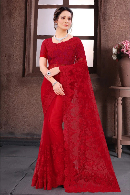 Red Net Resham Saree NCSD10910674