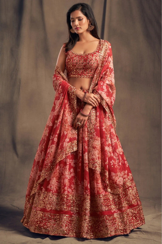 Red Organza Lehenga Choli NCLC10110336