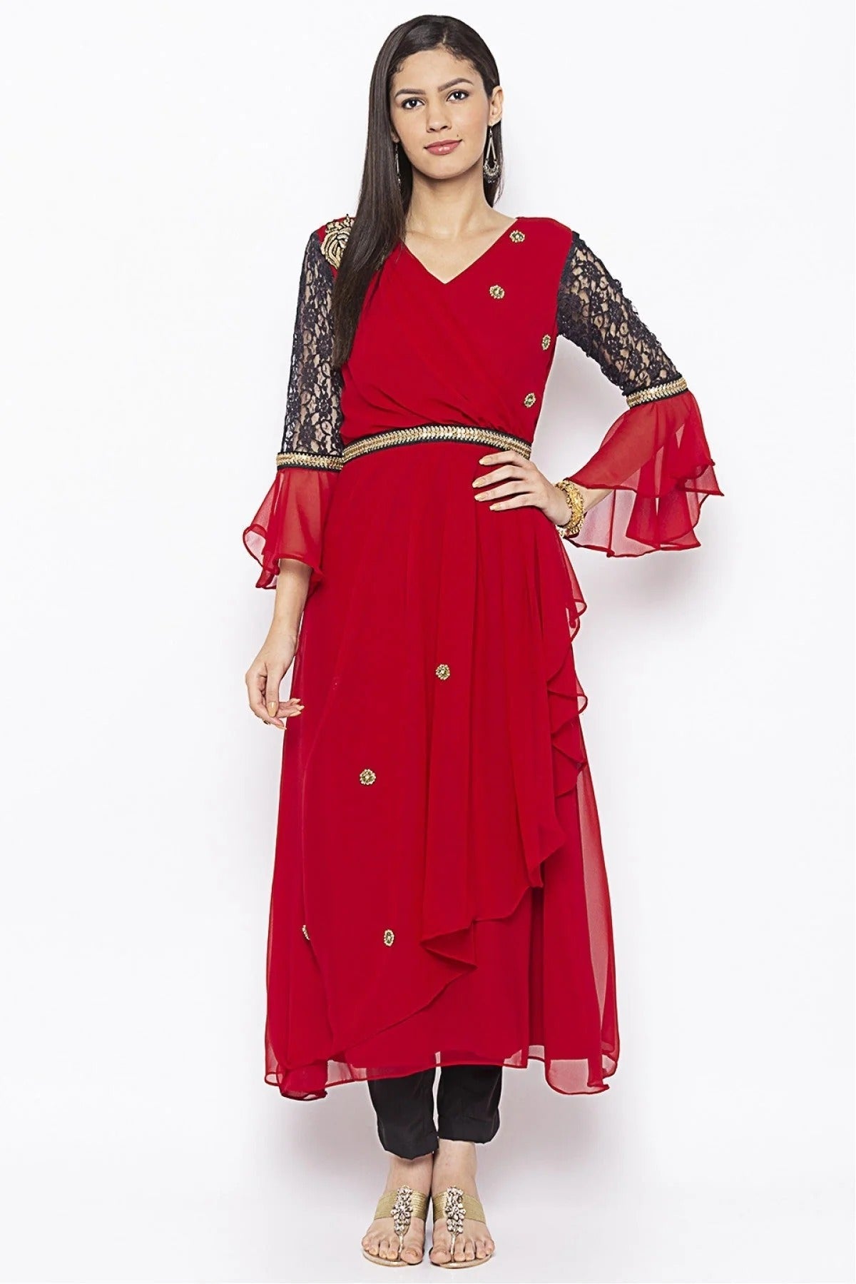 Red Plus Size Georgette Embroidery Kurti NCKR10710322