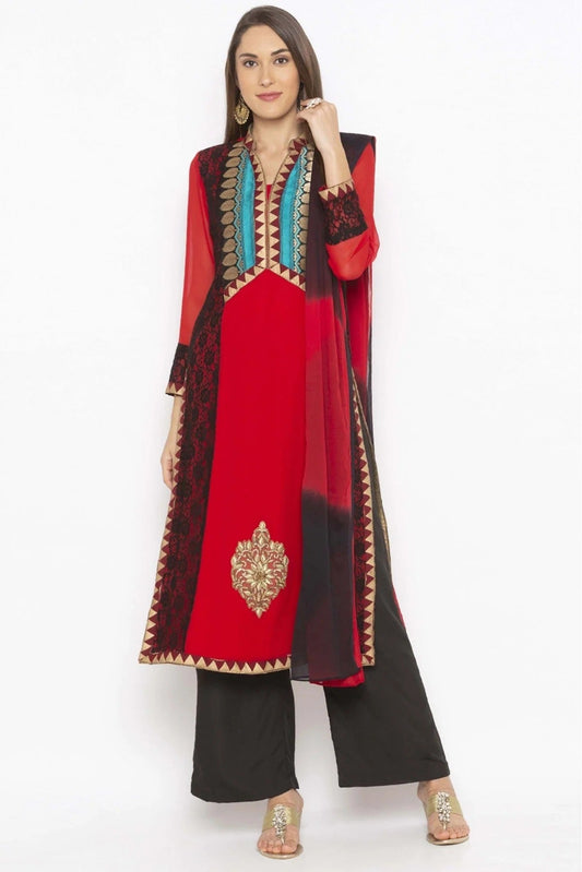 Red Plus Size Georgette Embroidery Palazzo Pant Suit NCSS10710664