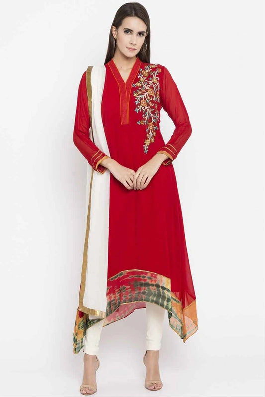 Red Plus Size Stitched Faux Georgette Embroidery Churidar Suit NCSS10710499