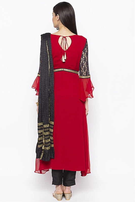 Red Plus Size Stitched Georgette Embroidery Pant Style Suit NCSS10710598