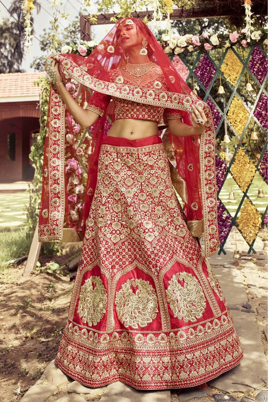 Red Raw Silk Embroidery Bridal Lehenga Choli NCLC10810468