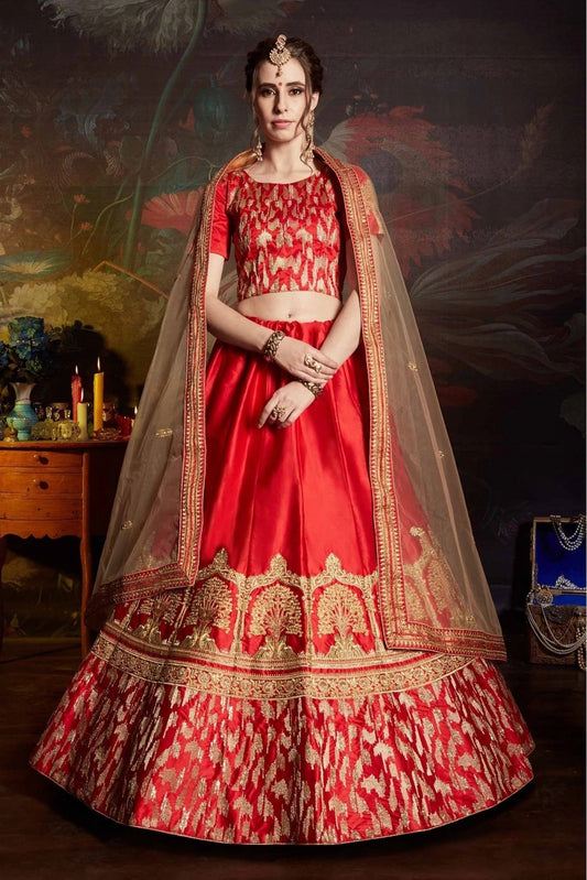 Red Satin Embroidery Lehenga Choli NCLC10810538