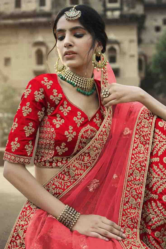 Red Satin Thread Lehenga Choli NCLC10810486