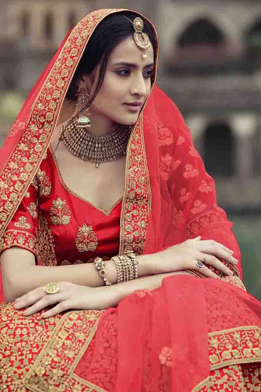 Red Satin Thread Lehenga Choli NCLC10810490