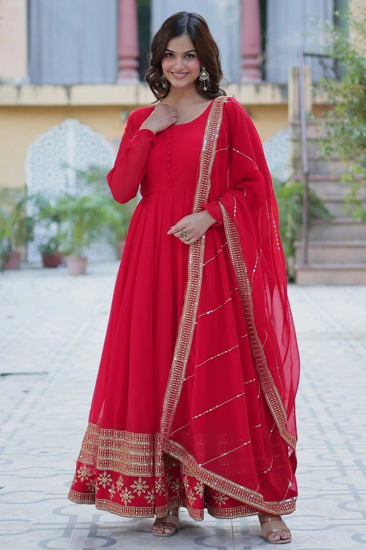 Red Stitched Faux Georgette Gown NCGW11111012