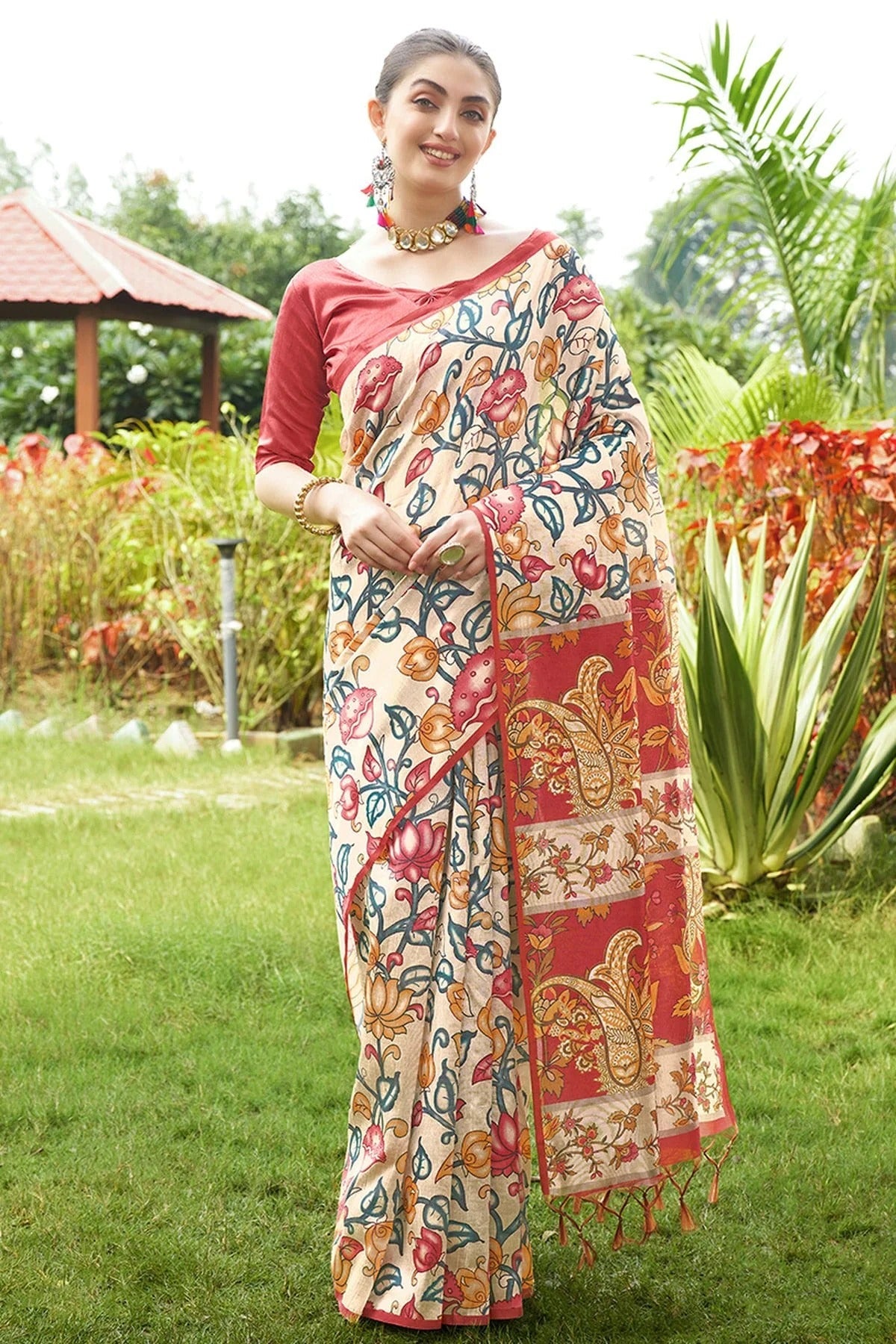 Red Tussar Silk Printed Saree NCSD11111544