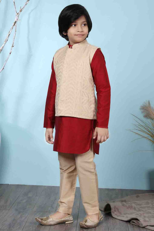 Red and Beige Cotton Silk Kurta PajamaWith Jacket NCBW10710709