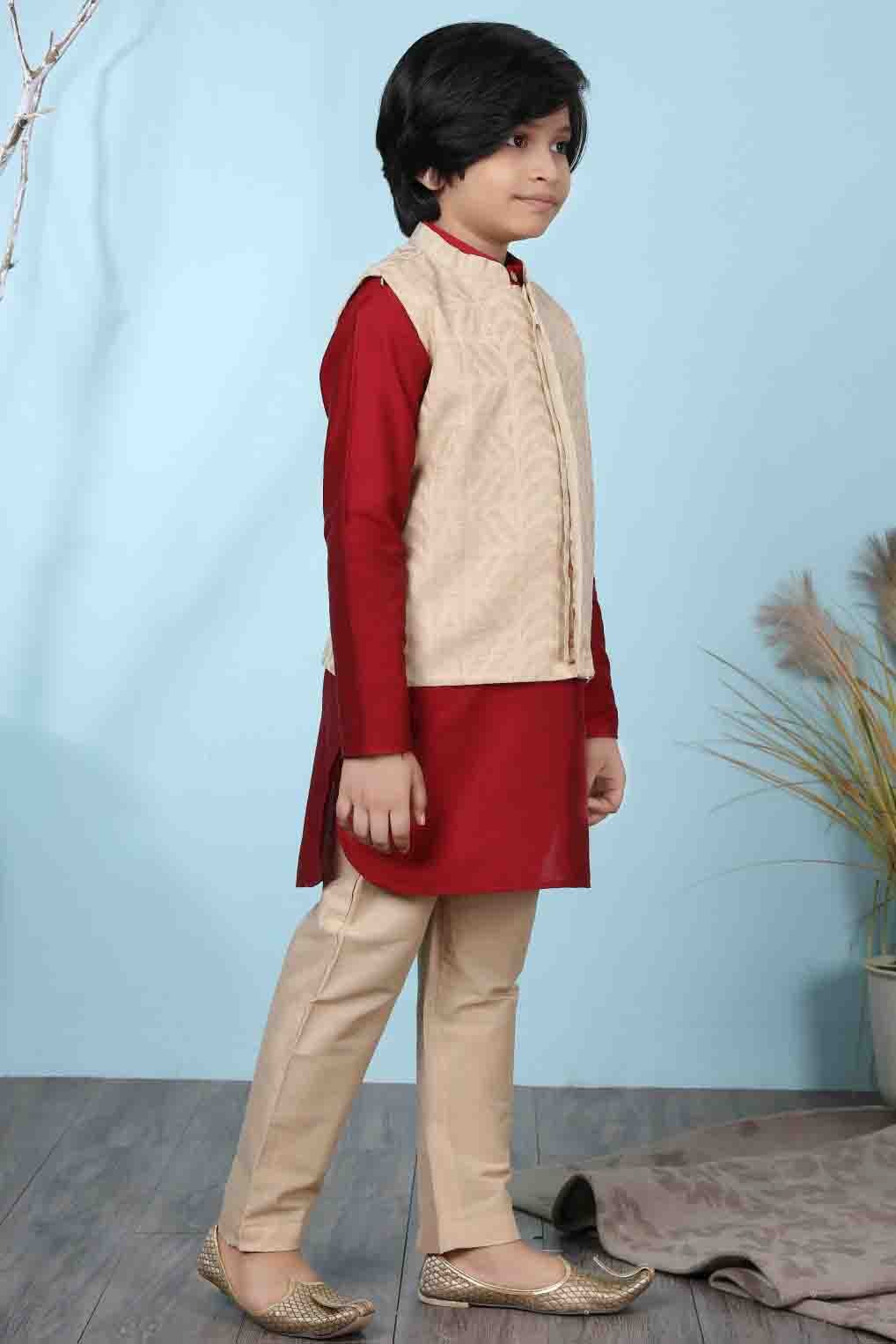 Red and Beige Cotton Silk Kurta PajamaWith Jacket NCBW10710709