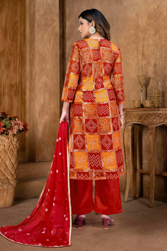 Red and Orange Unstitched Cotton Plazzo Pant Suit NCUS11610396