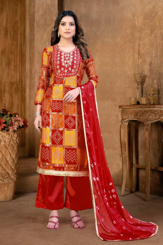 Red and Orange Unstitched Cotton Plazzo Pant Suit NCUS11610396
