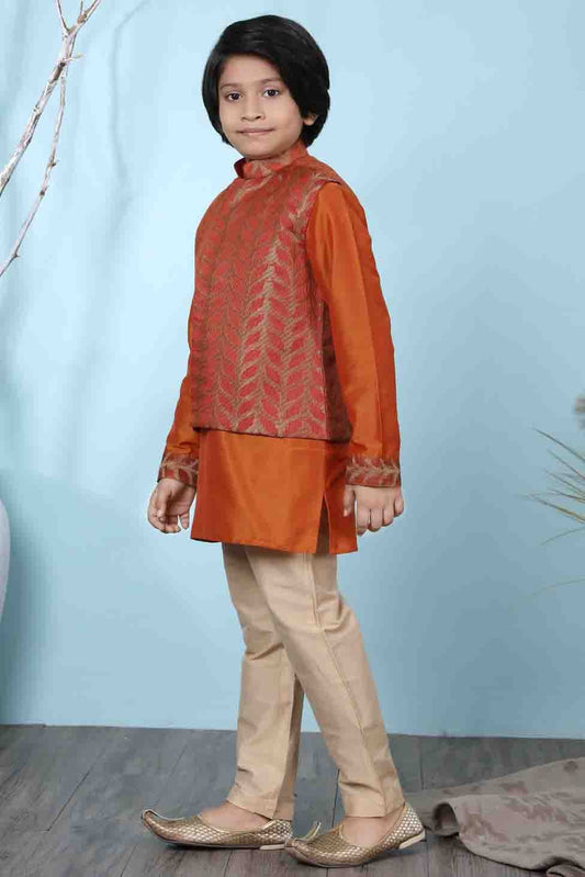 Rust Cotton Silk Kurta PajamaWith Jacket NCBW10710704