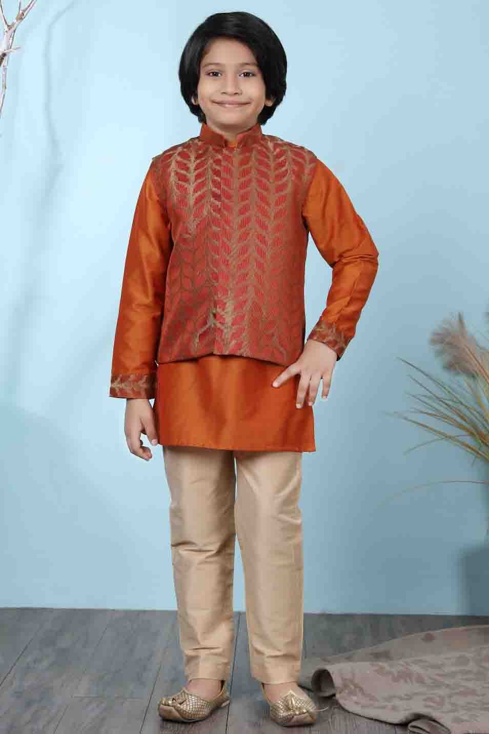 Rust Cotton Silk Kurta PajamaWith Jacket NCBW10710704