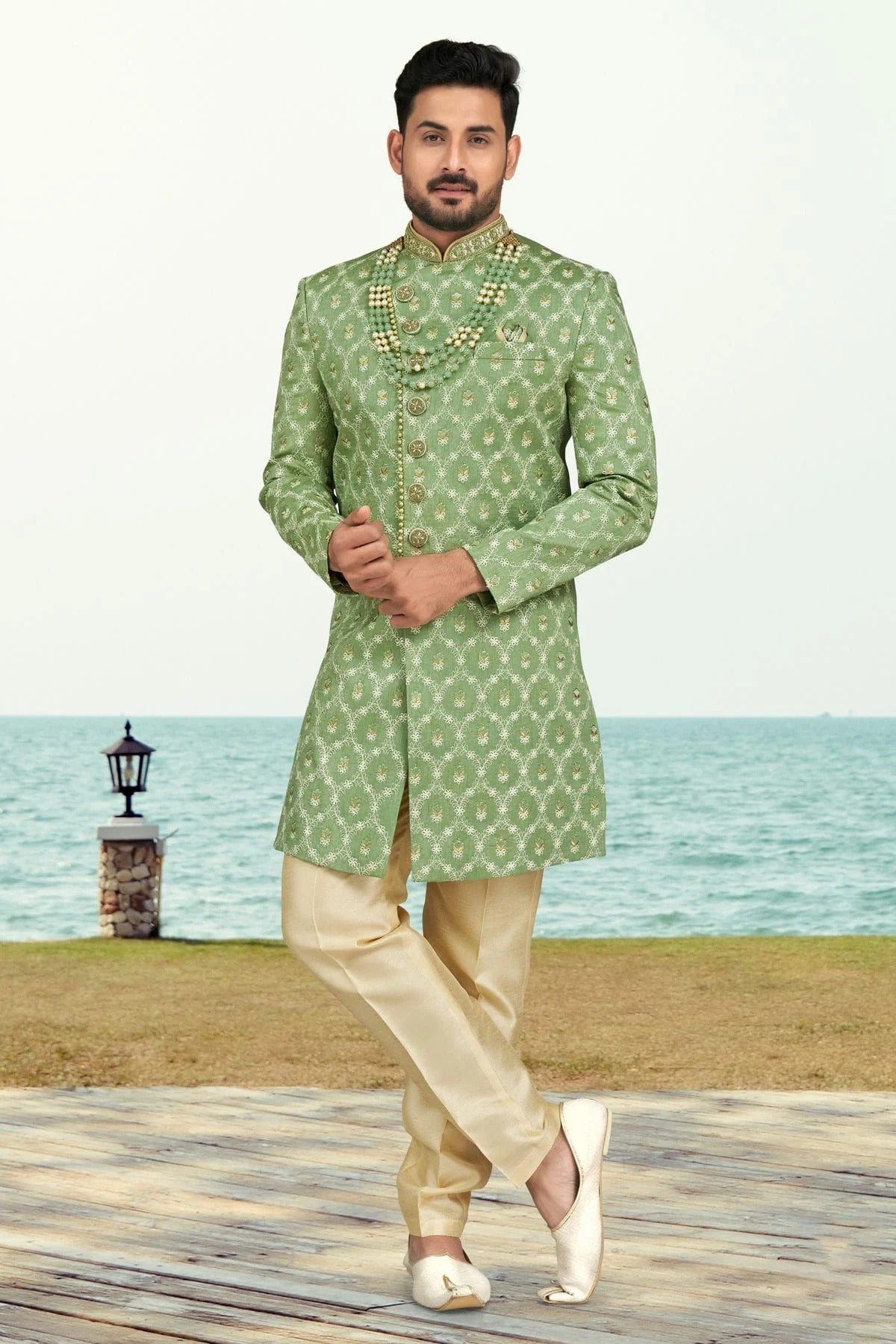 Sea Green Banarasi Silk Indo Western Sherwani NCSH10410294
