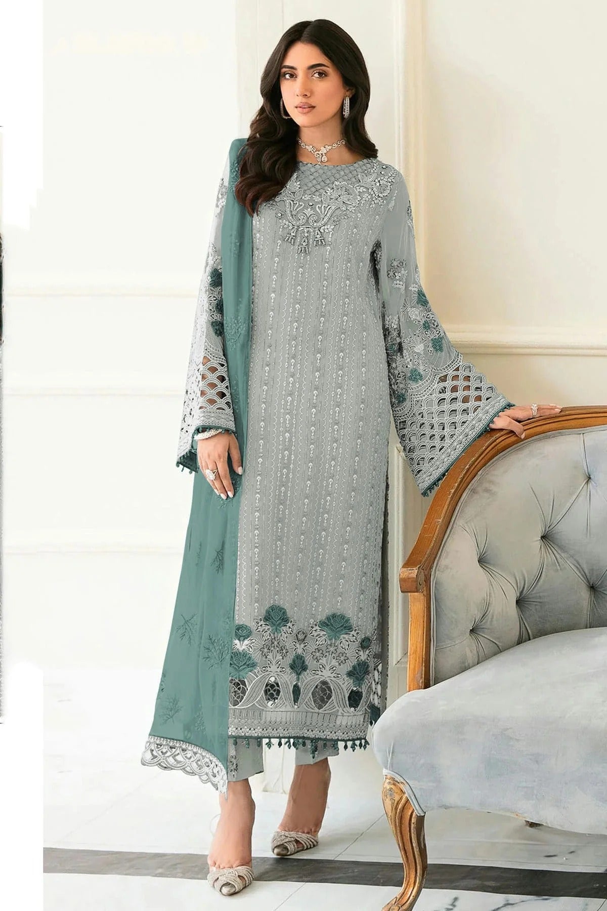 Sea Green Semi Stitched Faux Georgette Pakistani Suit NCSM11410493