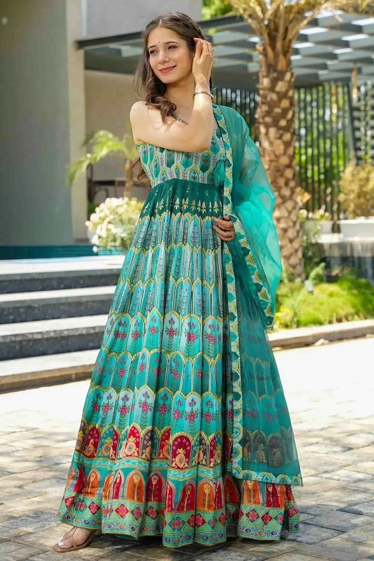 Buy Sea Green Silk Stitched Gown NCGW11110843 – Ninecolours.com