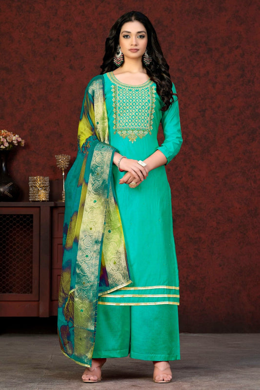Sea Green Unstitched Modal Chanderi Palazzo Pant Suit NCUS11610356