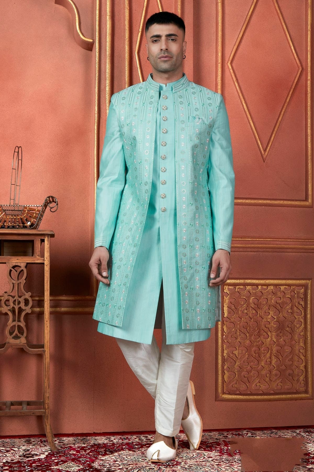 Sky Blue Art Silk Indowestern Sherwan With Aligadhi Pant NCSH12310282